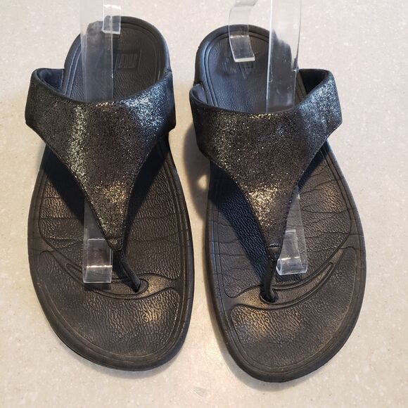 FitFlop Womens 8 Electra 034-001 Black Sequins Wobbleboard Wedge Sandals Thong - Picture 2 of 6
